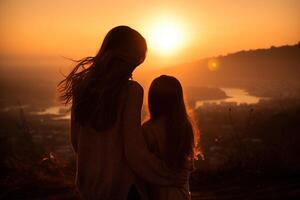 ai gegenereerd silhouet van moeder en dochter knuffelen elk andere in de zonsondergang licht. gegenereerd door kunstmatig intelligentie- foto