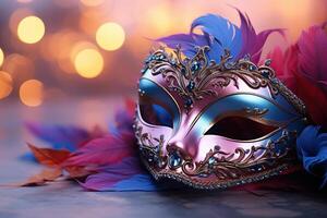 ai gegenereerd carnaval masker met helder veren en abstract onscherp bokeh lichten. de concept van maskerade, carnaval. gegenereerd door kunstmatig intelligentie- foto