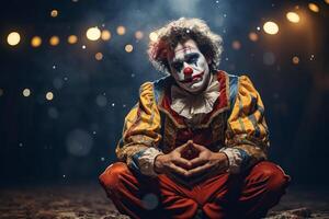 ai gegenereerd een clown met een verdrietig gezicht Aan een donker achtergrond gedurende een circus prestatie. gegenereerd door kunstmatig intelligentie- foto