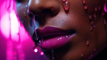 ai gegenereerd sappig vrouw lippen met roze lippenstift en water druppels in neon verlichting. gegenereerd door kunstmatig intelligentie- foto