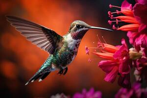 ai gegenereerd de kolibrie vogel drankjes nectar van bloemen. gegenereerd door kunstmatig intelligentie- foto