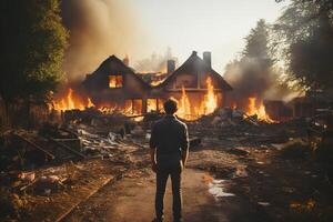 ai gegenereerd achterzijde visie van een Mens op zoek Bij een brandend huis. brandend brand vlammen. gegenereerd door kunstmatig intelligentie- foto