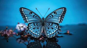 ai gegenereerd mooi blauw vlinder Aan blauw water Aan een blauw bokeh achtergrond. gegenereerd door kunstmatig intelligentie- foto