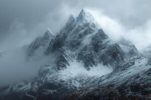 ai gegenereerd sneeuw verhuld berg staat hoog onder een humeurig, bewolkt lucht foto