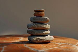 ai gegenereerd evenwichtig rotsen het formulier een listig stack boven een houten tafel foto