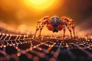 ai gegenereerd aard drama spin kruipt Aan een bedauwd web Bij zonsondergang foto