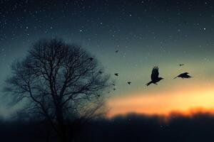 ai gegenereerd rustig schoonheid bomen en vogelstand gevangen genomen in opvallend silhouet fotografie foto