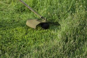 toepassing trimmers. gras maaien groen gras gebruik makend van een visvangst lijn trimmer foto