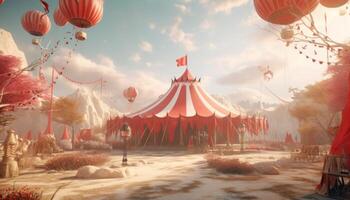 ai gegenereerd een rood circus tent in de buurt sommige ballonnen. foto