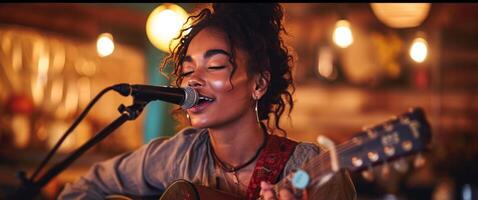 ai gegenereerd een vrouw is het zingen in een microfoon met een gitaar. foto