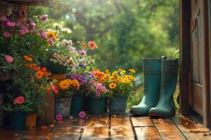 ai gegenereerd een houten veranda met kleurrijk bloemen en tuinieren laarzen. foto