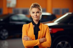 ai gegenereerd auto verkoop vrouw met armen gevouwen, in de stijl van licht oranje en licht zwart. foto