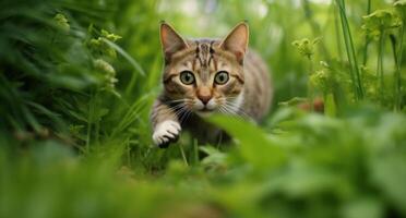 ai gegenereerd kat achtervolgen een muis in de gras. foto