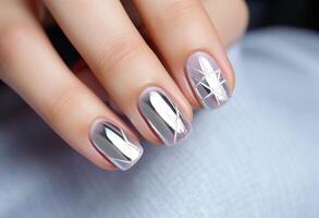 ai gegenereerd zilver nagel manicure met metallics in vrouwen handen. foto