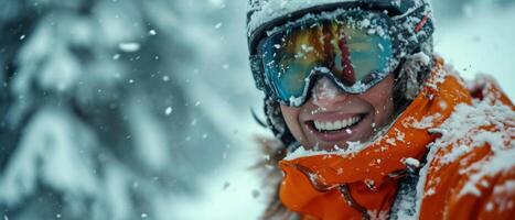 ai gegenereerd sneeuw skiën met een glimlach Aan uw gezicht. foto