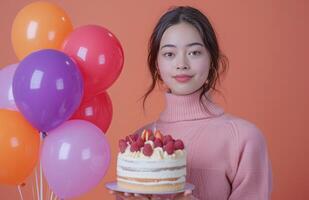 ai gegenereerd vrouw Holding helder ballonnen en een taart voor een verjaardag. foto