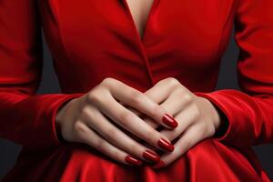 ai gegenereerd vrouw handen Holding rood manicures. foto