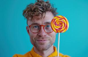 ai gegenereerd een Mens is Holding omhoog een lolly in voorkant van een blauw achtergrond foto