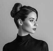 ai gegenereerd een vrouw met een bun in haar haar- is vervelend een elegant jurk foto