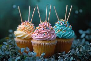 ai gegenereerd kleurrijk cupcakes met kleurrijk stokjes van sparkles net zo een deel van een Bewerk foto