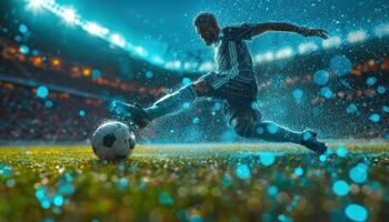 ai gegenereerd een voetbal speler schoppen bal in stadions foto