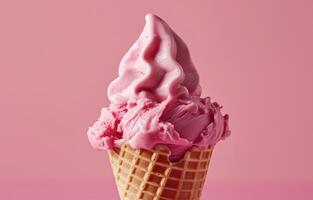 ai gegenereerd roze ijs room ijshoorntje van wafel ijshoorntje met ijs Aan een heet zomer dag over- roze achtergrond foto