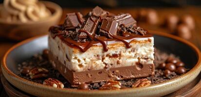 ai gegenereerd een taart en chocola ijs room met karamel, langwerpig, willekeurig rafels foto