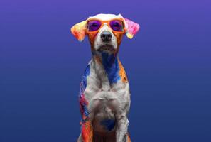ai gegenereerd een hond staand vervelend een kleurrijk masker en kleurrijk zonnebril foto