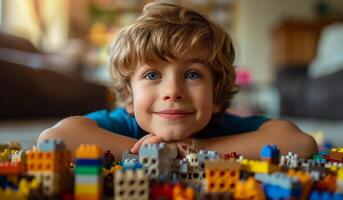 ai gegenereerd jongen is spelen met legos in huis foto