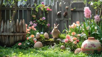 ai gegenereerd weelderig tuin versierd voor Pasen promoties foto