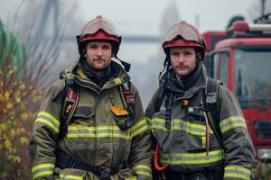 ai gegenereerd twee brandweerlieden in vuurvast jassen zijn staand De volgende naar elk andere foto
