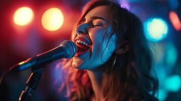 ai gegenereerd gelukkig mooi meisje zingt in karaoke, wazig achtergrond met kopiëren ruimte foto