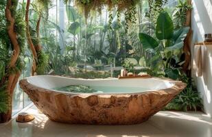 ai gegenereerd een bad in een badkamer versierd met twijgen en planten foto