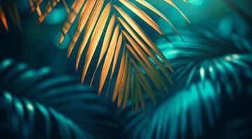 ai gegenereerd een dichtbij omhoog visie van een palm blad en een donker blauw achtergrond foto