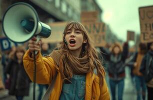 ai gegenereerd een meisje met groot protest tekens schreeuwt over- een megafoon foto