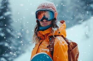 ai gegenereerd vrouw snowboarder in oranje in winter Holding haar snowboard foto