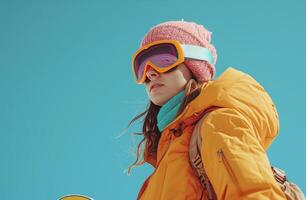 ai gegenereerd vrouw snowboarder in oranje in winter Holding haar snowboard foto