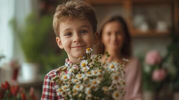 ai gegenereerd een 10 jaar oud jongen in een geruit overhemd staat met een boeket van bloemen voor zijn moeder foto