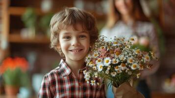 ai gegenereerd een 10 jaar oud jongen in een geruit overhemd staat met een boeket van bloemen voor zijn moeder foto