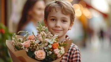 ai gegenereerd een 10 jaar oud jongen in een geruit overhemd staat met een boeket van bloemen voor zijn moeder foto