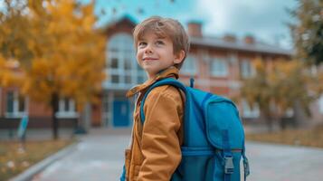 ai gegenereerd een jongen met een blauw school- rugzak blij wandelingen naar school- foto