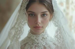 ai gegenereerd een bruid in een mooi boeket in een kant bruiloft jurk foto