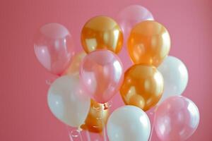 ai gegenereerd goud, roze, wit en oranje ballonnen met een achtergrond in de achtergrond foto