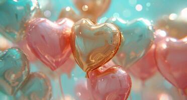 ai gegenereerd de goud ballonnen met hart pictogrammen in Valentijn foto