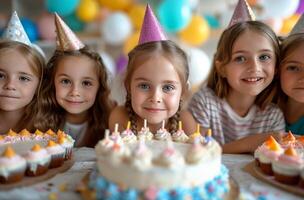 ai gegenereerd een groep van kinderen vieren een verjaardag met taart foto