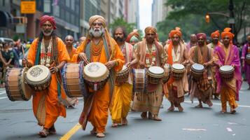 ai gegenereerd een groep van haas krishna's met drums wandelingen naar beneden de straat van stad foto