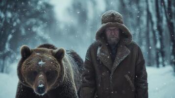 ai gegenereerd een streng Russisch Mens in een Oesjanka hoed wandelingen met een beer in een Siberisch winter Woud foto