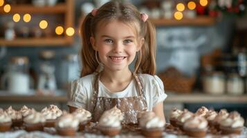 ai gegenereerd mooi meisje 12 jaren oud bakt vakantie cupcakes in de keuken foto
