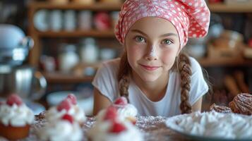 ai gegenereerd mooi meisje 12 jaren oud bakt vakantie cupcakes in de keuken foto