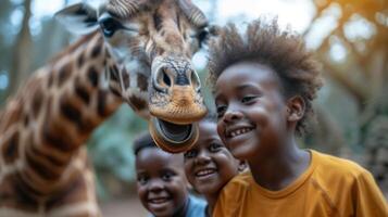 ai gegenereerd gelukkig familie voeden een giraffe Bij de dierentuin foto